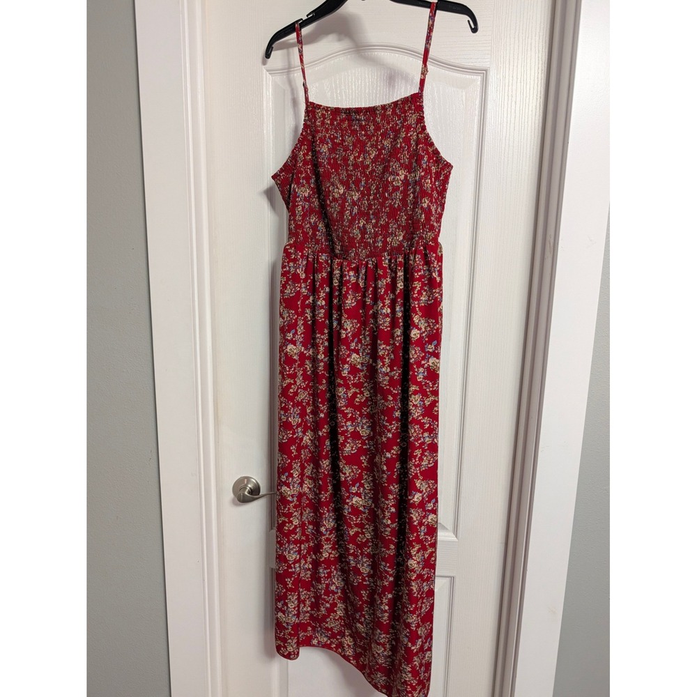 Red Floral Smocked Maxi Dress Adjustable Spaghetti Straps Summer Boho Bohemian